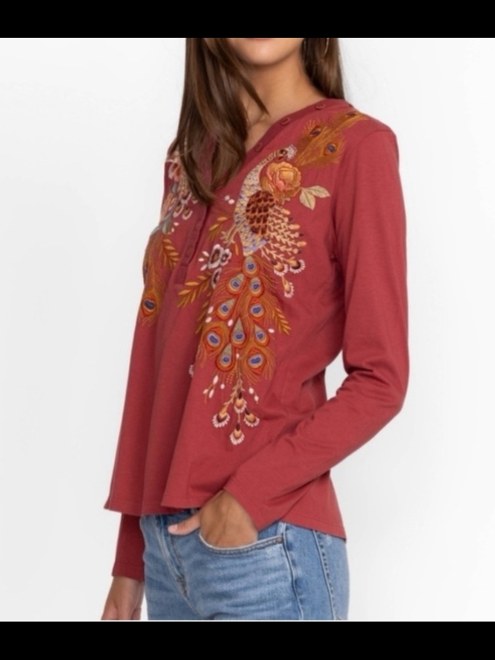 Johnny Was Mauve-Red Embroidered Peacock Henley, Large